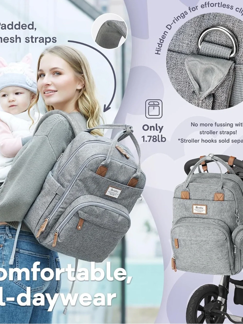 Baby Bag Backpack- Gray-SUPER VERSATILE- RUVALINO Diaper Bag Backpack NEW